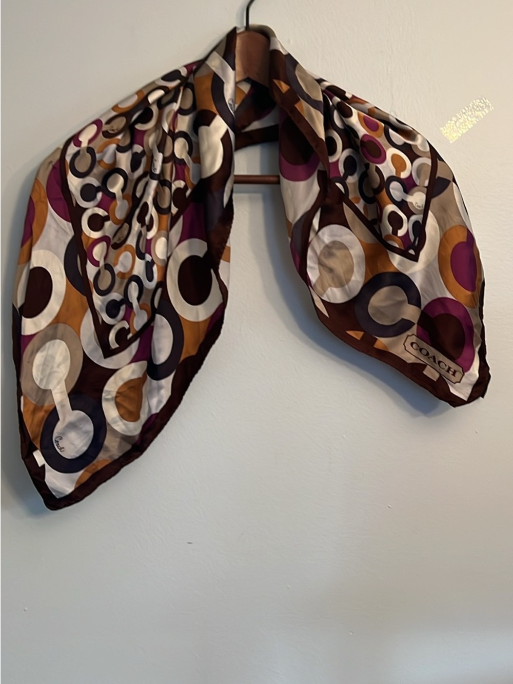 Coach Multicolor Silk Scarf in Brown, Cream & Plum Circle Print